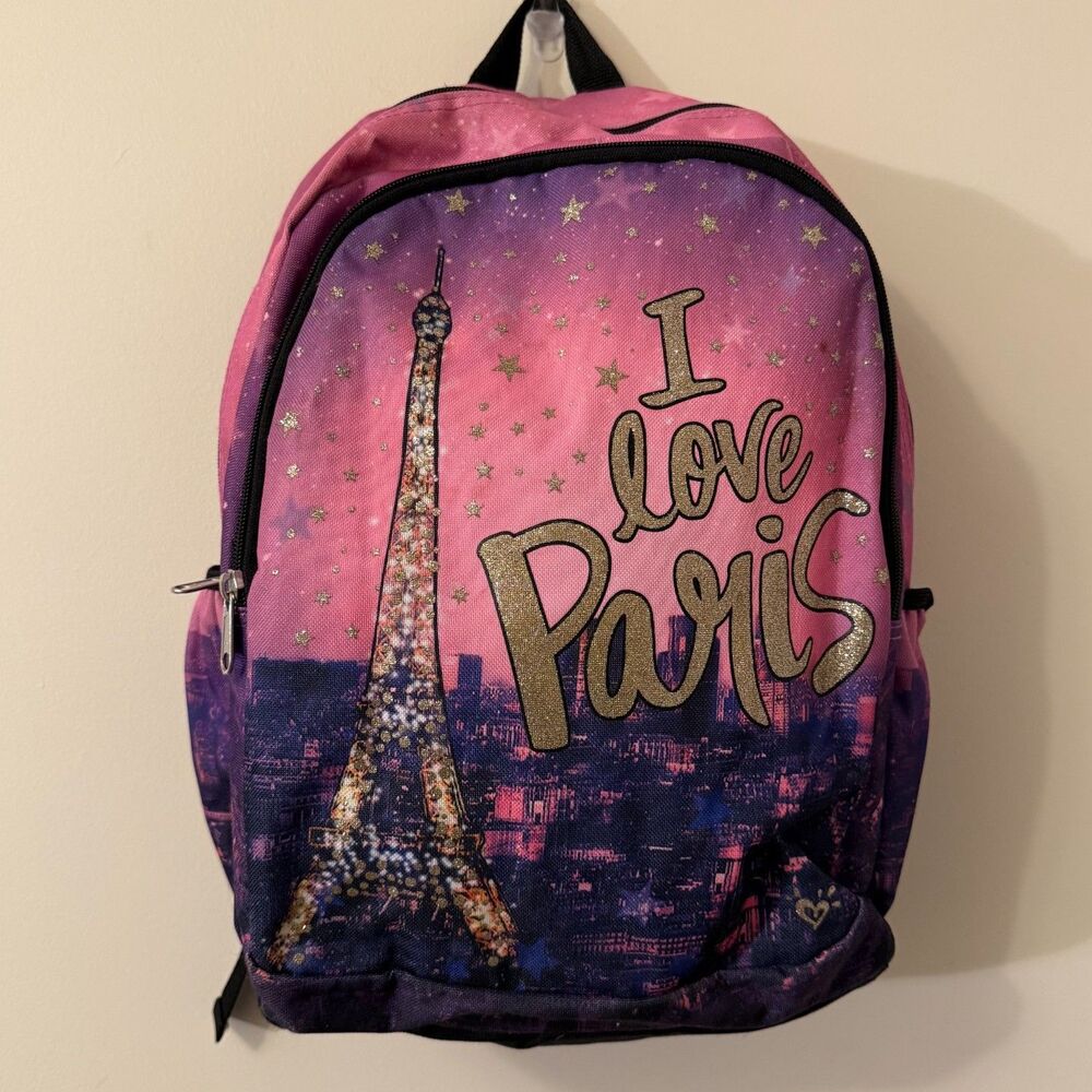 Justice Girls I Love Paris Backpack Pink Purple Eiffel Tower Glitter School Bag
